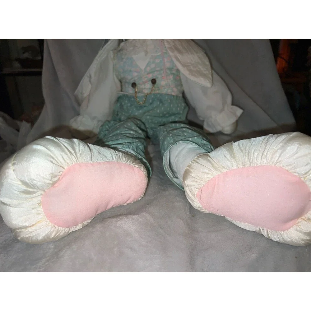 VTG Big Handmade Rabbit Bunny Plush Doll Farmhouse Taffeta Folk Art Doll 24”